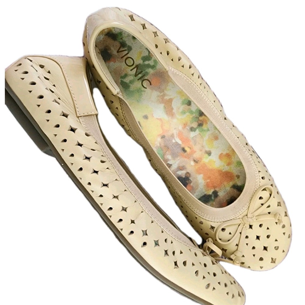 Vionic Kensley Flats Sz 11 Tan Yellow Leather Ballet Shoes Bow Comfort Casual